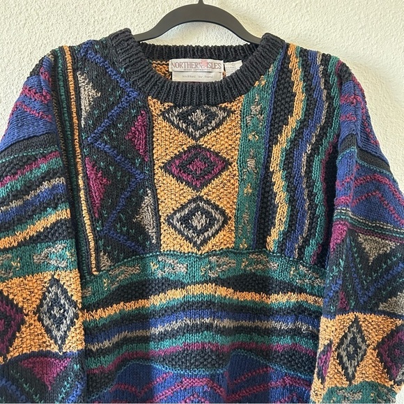 Northern Isle VTG Men’s Knit Sweater Large Hand Knit Artsy Retro 80s Grandpa - Picture 3 of 12